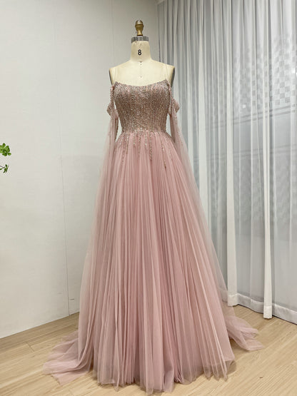 Fairytale Pink A-Line Prom Dress Beaded Corset Top Flowing Tulle Skirt MB40441