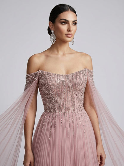 Dusty Pink Beaded Tulle Prom Dress with Off-the-Shoulder Sleeves MB40441