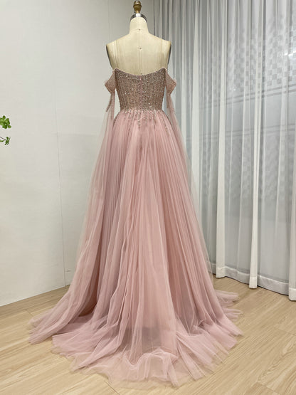 Fairytale Pink A-Line Prom Dress Beaded Corset Top Flowing Tulle Skirt MB40441
