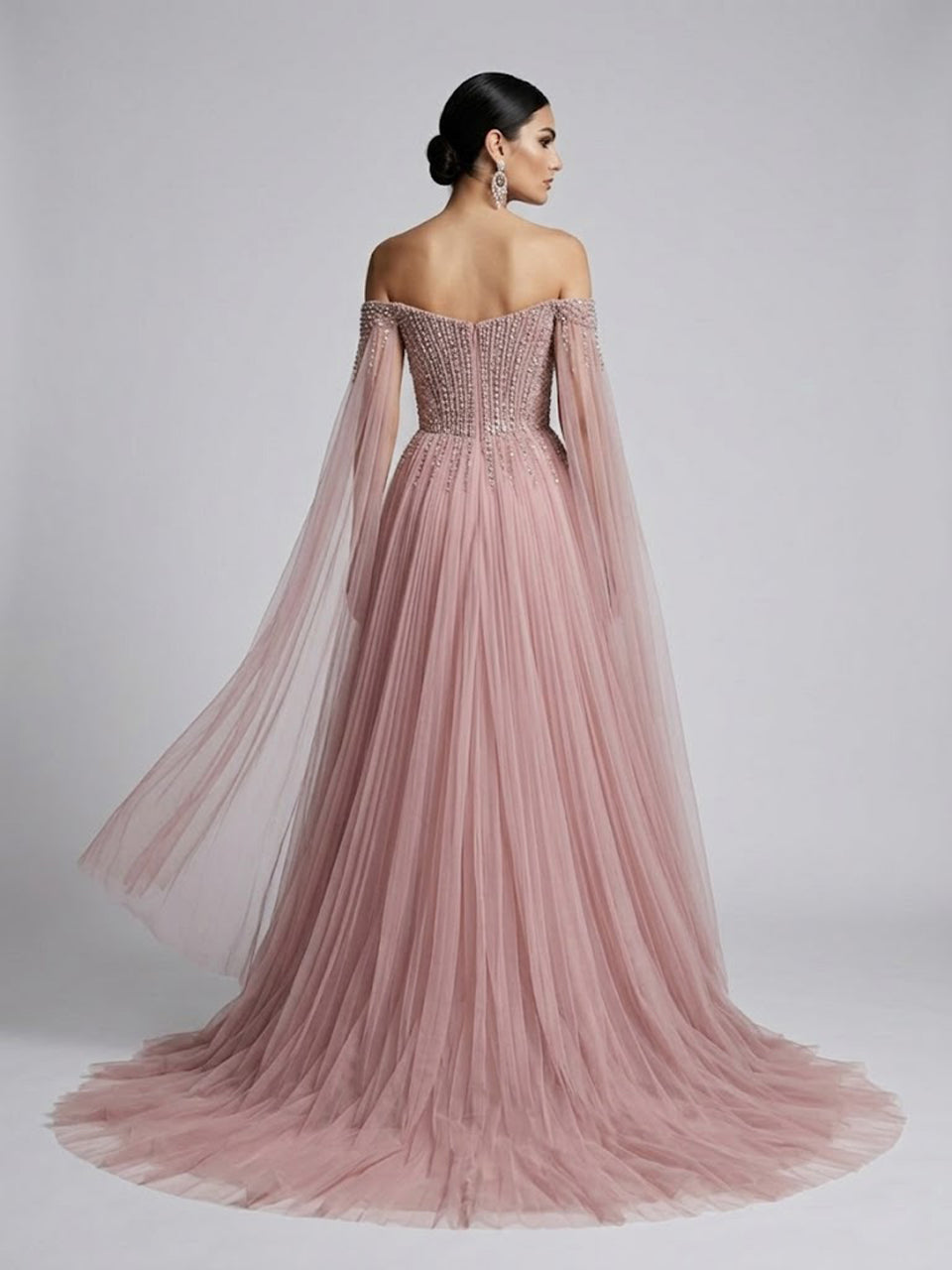 Dusty Pink Beaded Tulle Prom Dress with Off-the-Shoulder Sleeves MB40441