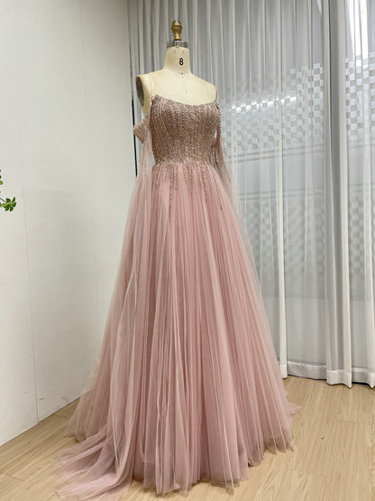 Fairytale Pink A-Line Prom Dress Beaded Corset Top Flowing Tulle Skirt MB40441