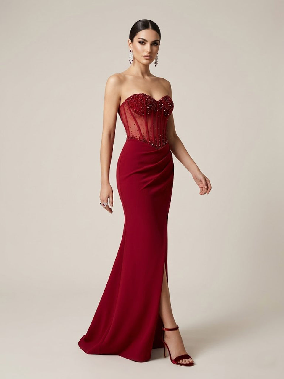Burgundy Sweetheart Evening Gown Fitted Skirt Side Slit Sparkle Corset Top MB40442