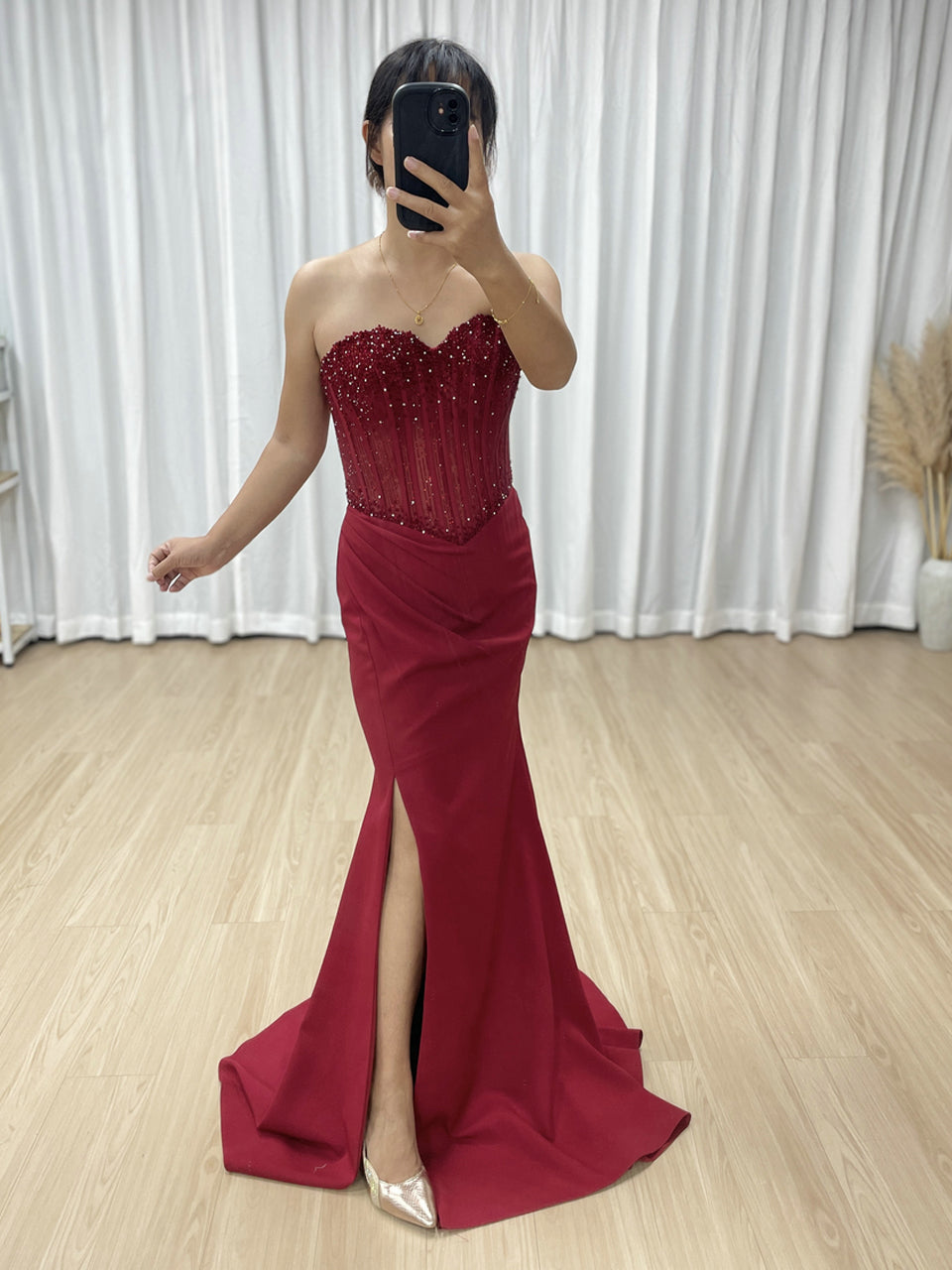 Burgundy Sweetheart Evening Gown Fitted Skirt Side Slit Sparkle Corset Top MB40442