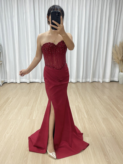 Burgundy Sweetheart Evening Gown Fitted Skirt Side Slit Sparkle Corset Top MB40442