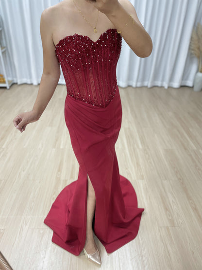 Burgundy Sweetheart Evening Gown Fitted Skirt Side Slit Sparkle Corset Top MB40442