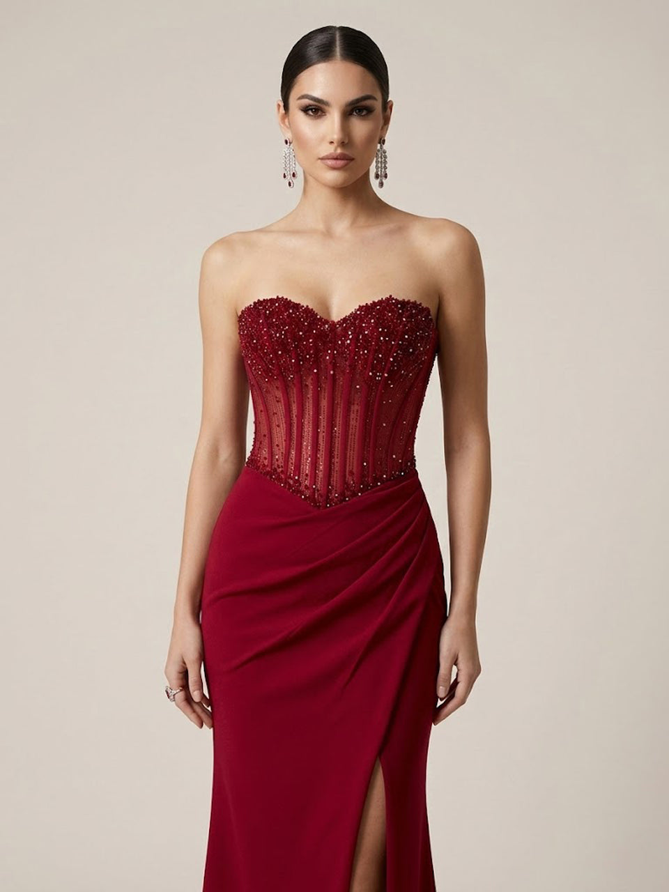 Burgundy Sweetheart Evening Gown Fitted Skirt Side Slit Sparkle Corset Top MB40442