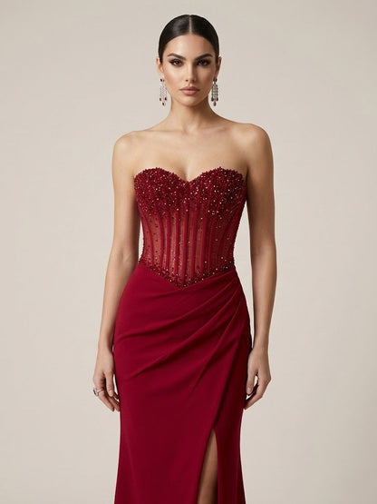 Burgundy Sweetheart Evening Gown Fitted Skirt Side Slit Sparkle Corset Top MB40442