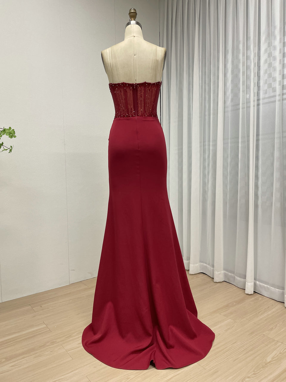 Burgundy Sweetheart Evening Gown Fitted Skirt Side Slit Sparkle Corset Top MB40442
