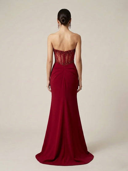 Burgundy Sweetheart Evening Gown Fitted Skirt Side Slit Sparkle Corset Top MB40442