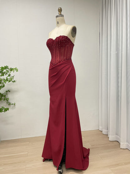 Burgundy Sweetheart Evening Gown Fitted Skirt Side Slit Sparkle Corset Top MB40442