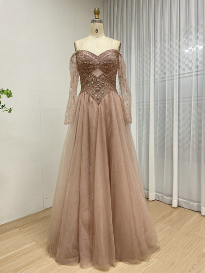 Glittery Dusty A-Line Dress Sweetheart Neckline Long Sheer Sleeves MB40446