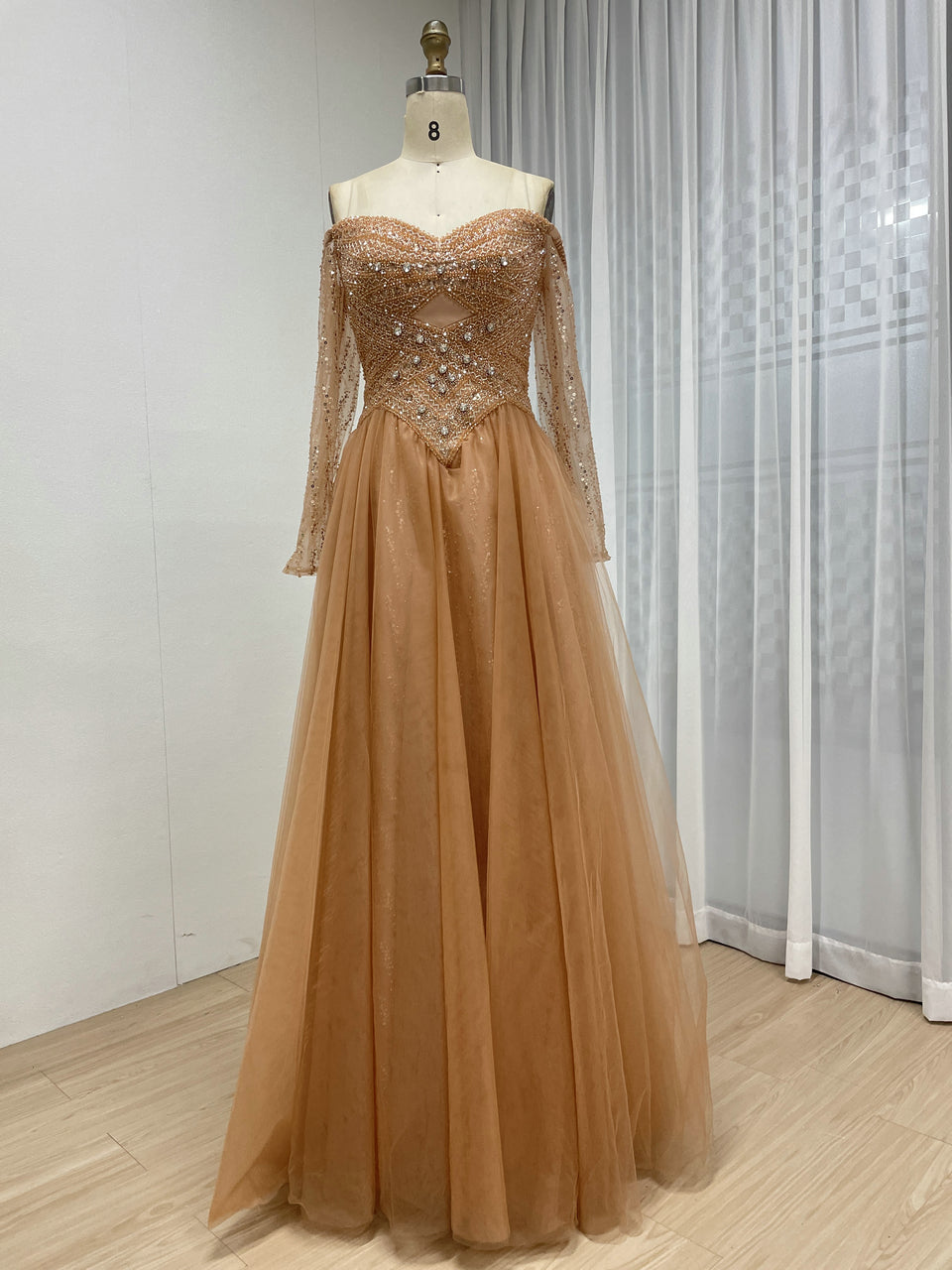 Glittery Dusty A-Line Dress Sweetheart Neckline Long Sheer Sleeves MB40446