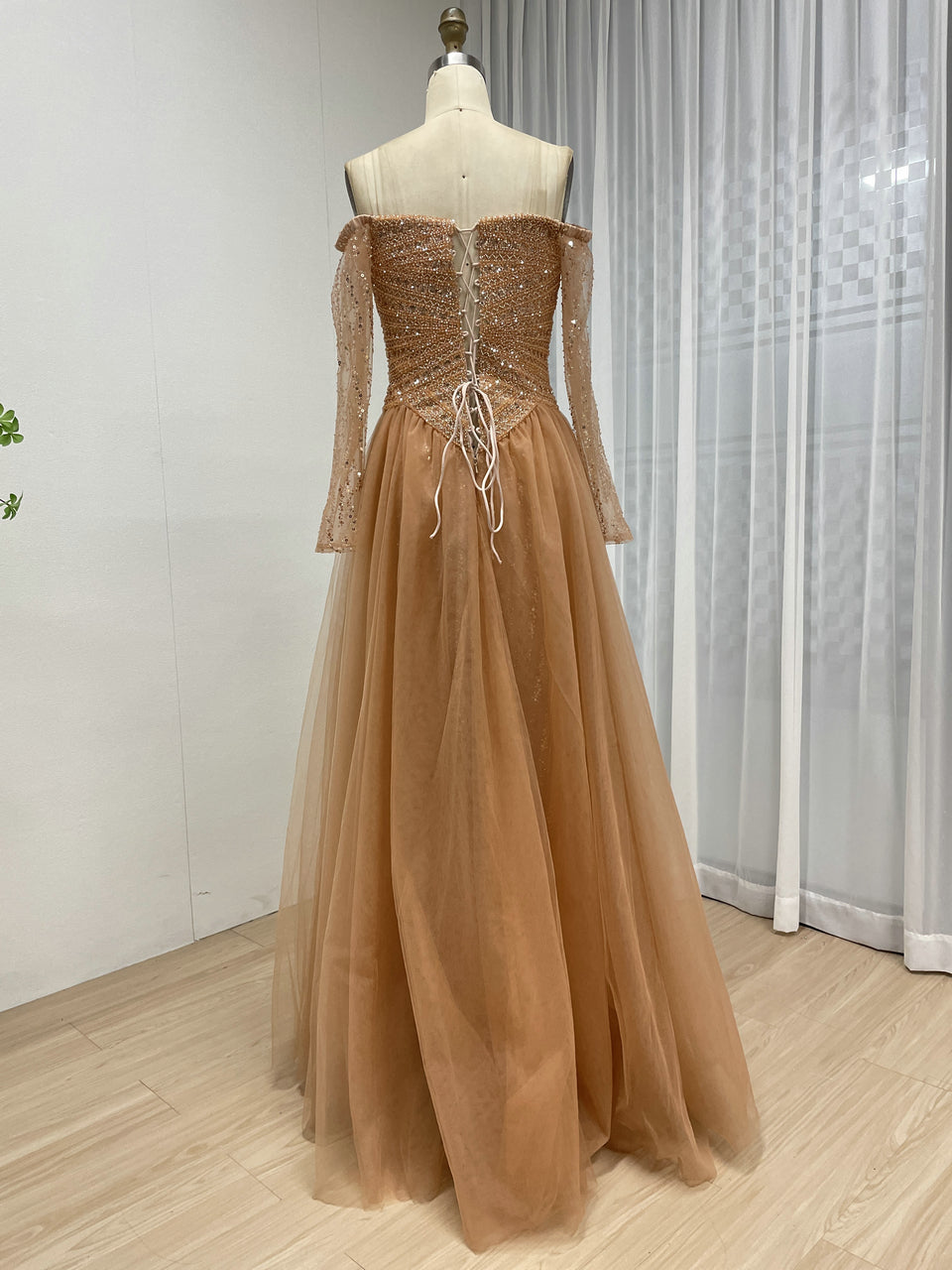 Glittery Dusty A-Line Dress Sweetheart Neckline Long Sheer Sleeves MB40446