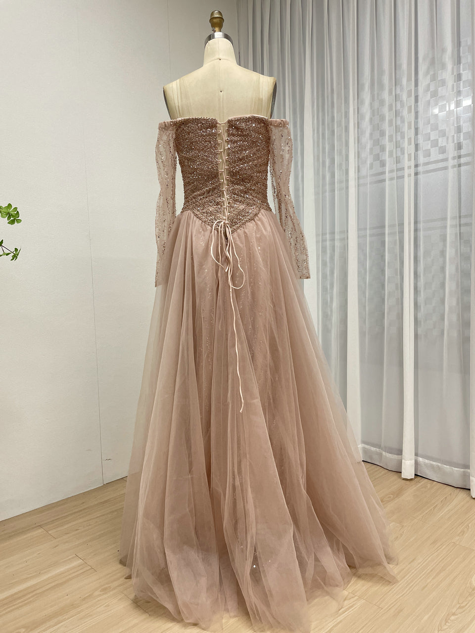 Glittery Dusty A-Line Dress Sweetheart Neckline Long Sheer Sleeves MB40446