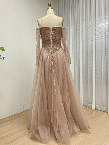 Glittery Dusty A-Line Dress Sweetheart Neckline Long Sheer Sleeves MB40446