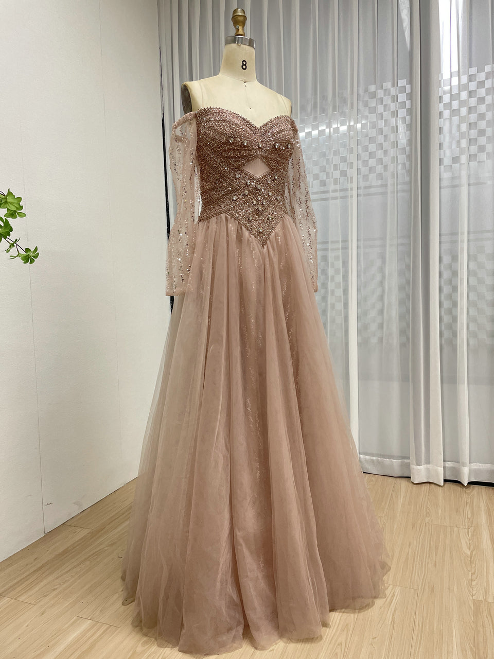 Glittery Dusty A-Line Dress Sweetheart Neckline Long Sheer Sleeves MB40446