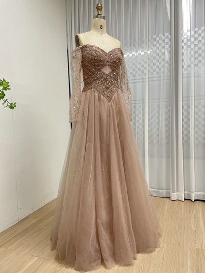 Glittery Dusty A-Line Dress Sweetheart Neckline Long Sheer Sleeves MB40446
