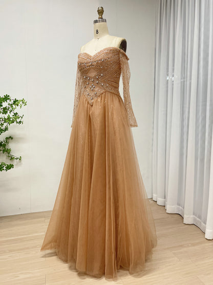 Glittery Dusty A-Line Dress Sweetheart Neckline Long Sheer Sleeves MB40446