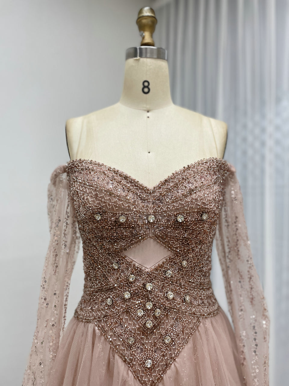 Glittery Dusty A-Line Dress Sweetheart Neckline Long Sheer Sleeves MB40446