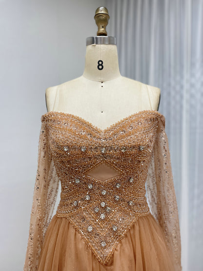 Glittery Dusty A-Line Dress Sweetheart Neckline Long Sheer Sleeves MB40446