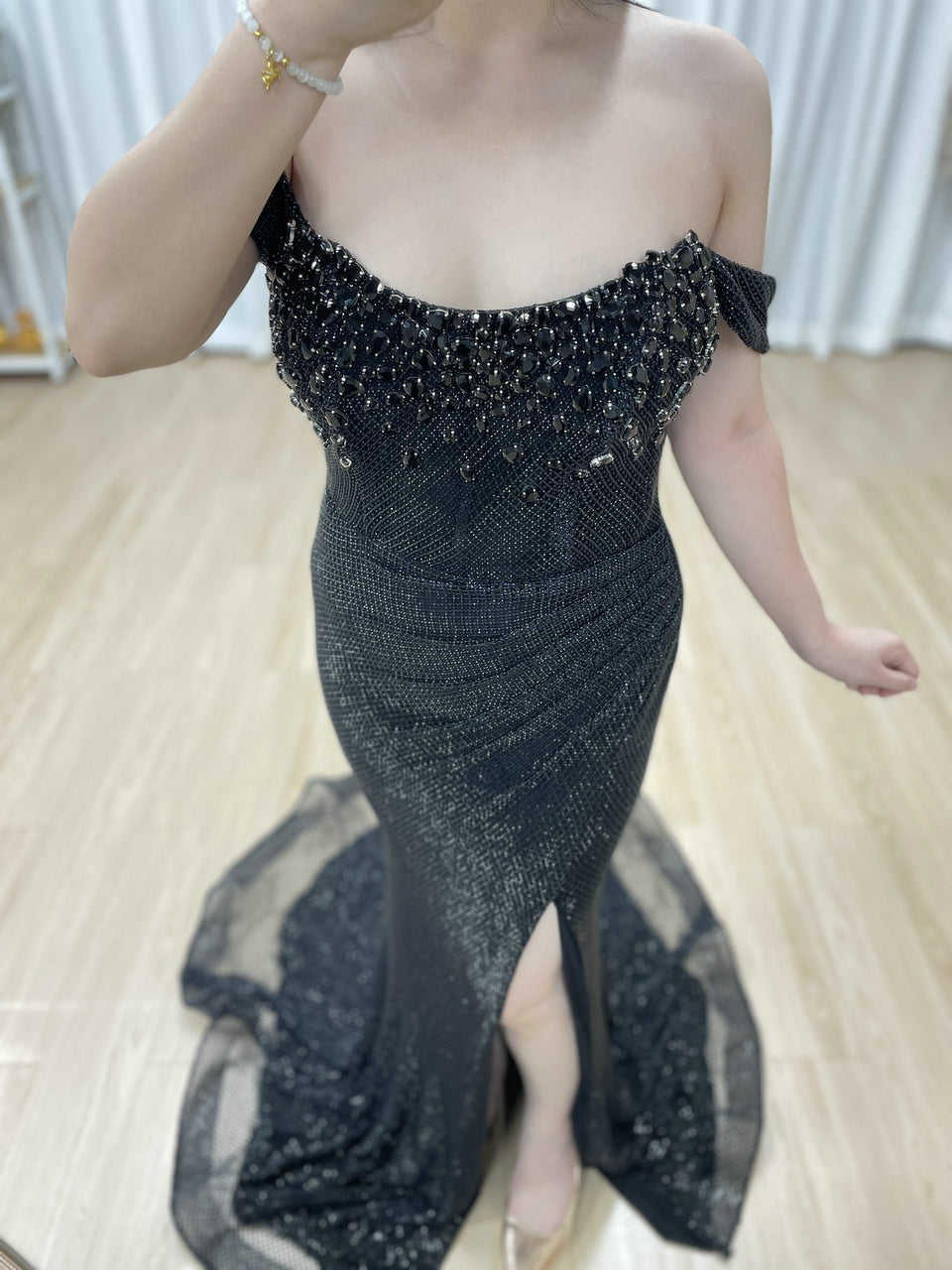 Black Beaed Off-the-Shoulder Formal Gown with High Slit - 2026 Prom & Evening Dress MB40447