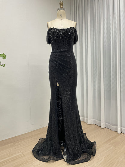 Black Beaed Off-the-Shoulder Formal Gown with High Slit - 2026 Prom & Evening Dress MB40447