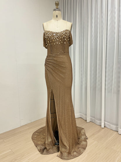 Black Beaed Off-the-Shoulder Formal Gown with High Slit - 2026 Prom & Evening Dress MB40447