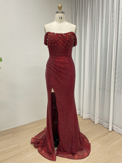 Black Beaed Off-the-Shoulder Formal Gown with High Slit - 2026 Prom & Evening Dress MB40447