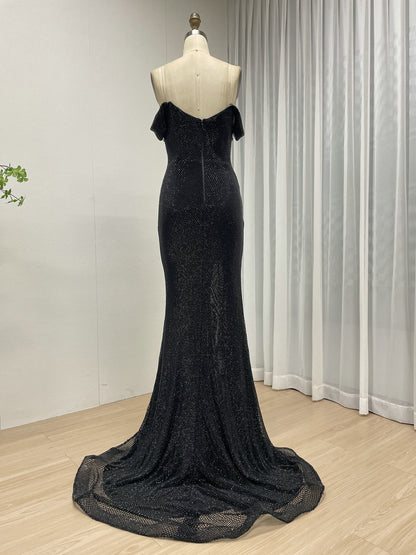 Black Beaed Off-the-Shoulder Formal Gown with High Slit - 2026 Prom & Evening Dress MB40447