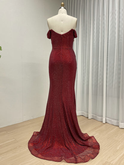 Black Beaed Off-the-Shoulder Formal Gown with High Slit - 2026 Prom & Evening Dress MB40447