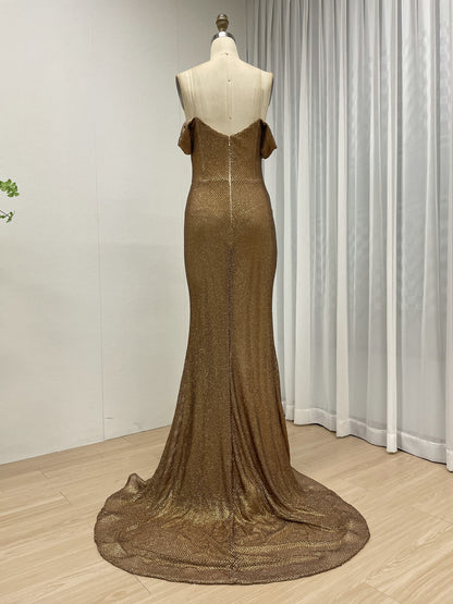 Black Beaed Off-the-Shoulder Formal Gown with High Slit - 2026 Prom & Evening Dress MB40447