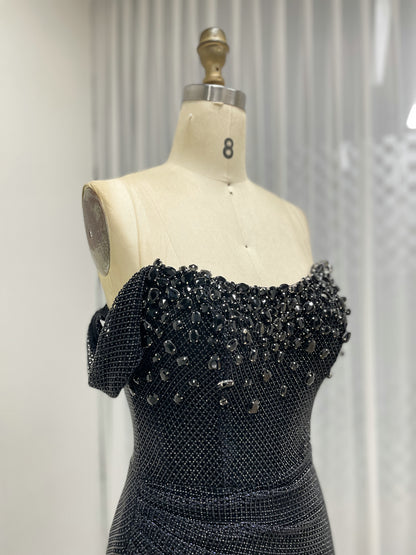 Black Beaed Off-the-Shoulder Formal Gown with High Slit - 2026 Prom & Evening Dress MB40447