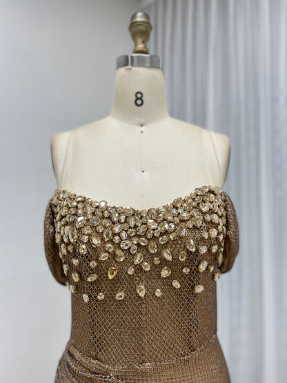 Black Beaed Off-the-Shoulder Formal Gown with High Slit - 2026 Prom & Evening Dress MB40447