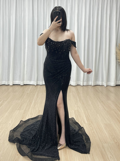 Black Beaed Off-the-Shoulder Formal Gown with High Slit - 2026 Prom & Evening Dress MB40447