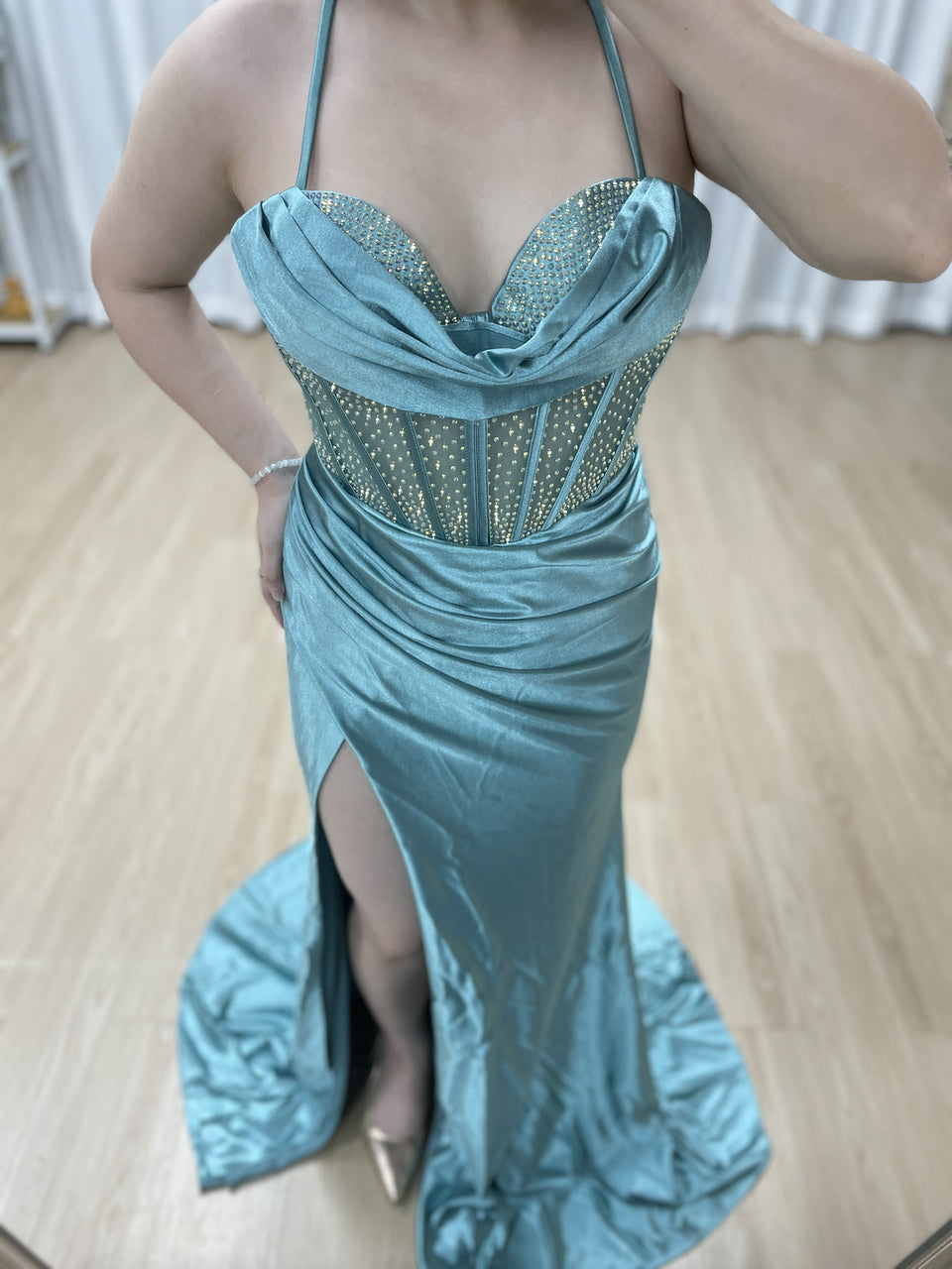 Green Satin Prom Dress Spaghetti Strap Beaded Corset Dress MB40448