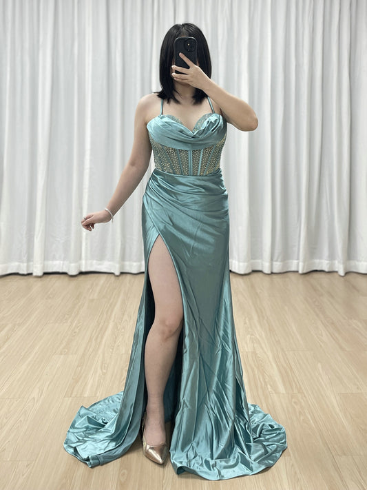 Green Satin Prom Dress Spaghetti Strap Beaded Corset Dress MB40448