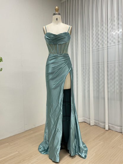 Green Satin Prom Dress Spaghetti Strap Beaded Corset Dress MB40448