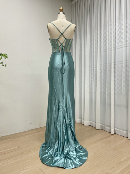 Green Satin Prom Dress Spaghetti Strap Beaded Corset Dress MB40448