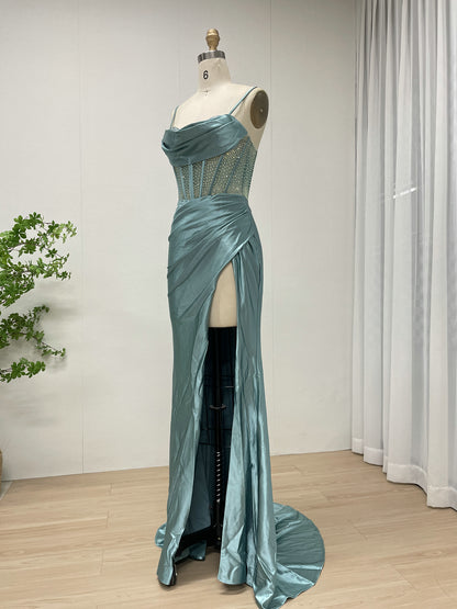 Green Satin Prom Dress Spaghetti Strap Beaded Corset Dress MB40448