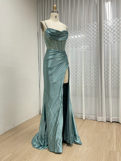 Green Satin Prom Dress Spaghetti Strap Beaded Corset Dress MB40448