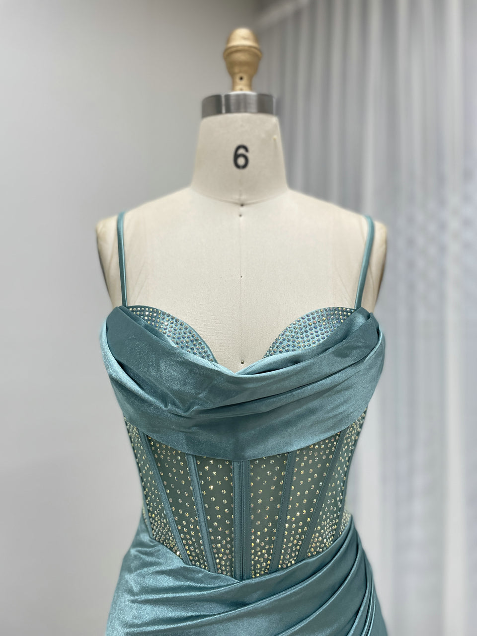 Green Satin Prom Dress Spaghetti Strap Beaded Corset Dress MB40448