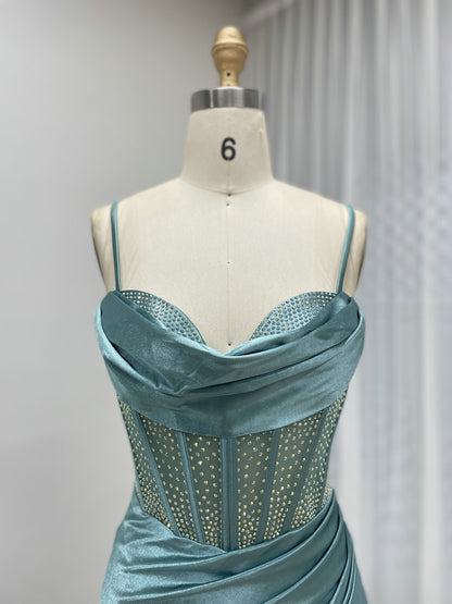 Green Satin Prom Dress Spaghetti Strap Beaded Corset Dress MB40448