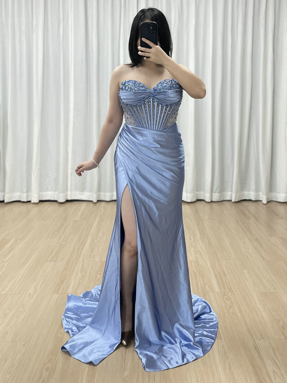 Wine Satin Prom Dress Sweetheart Beaded Corset High Slit Gown MB40449