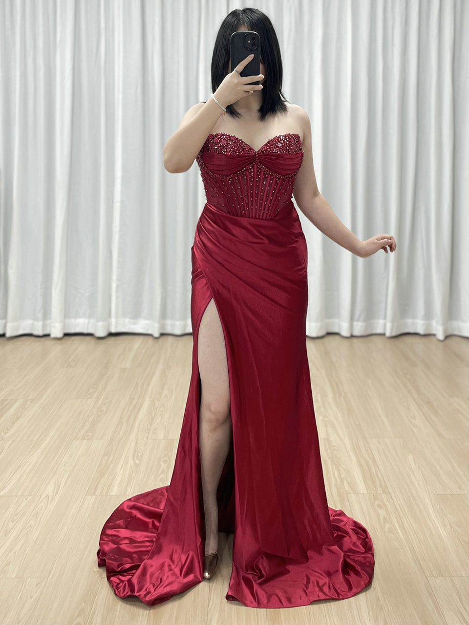 Wine Satin Prom Dress Sweetheart Beaded Corset High Slit Gown MB40449