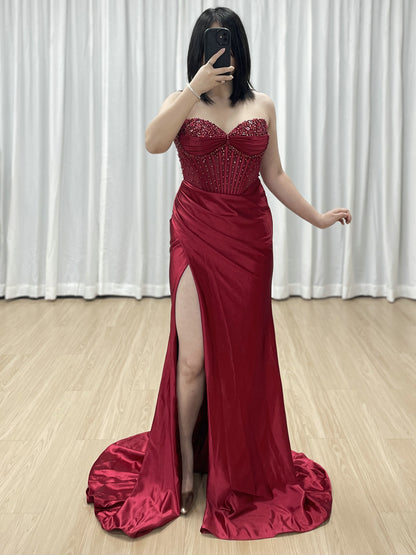 Wine Satin Prom Dress Sweetheart Beaded Corset High Slit Gown MB40449