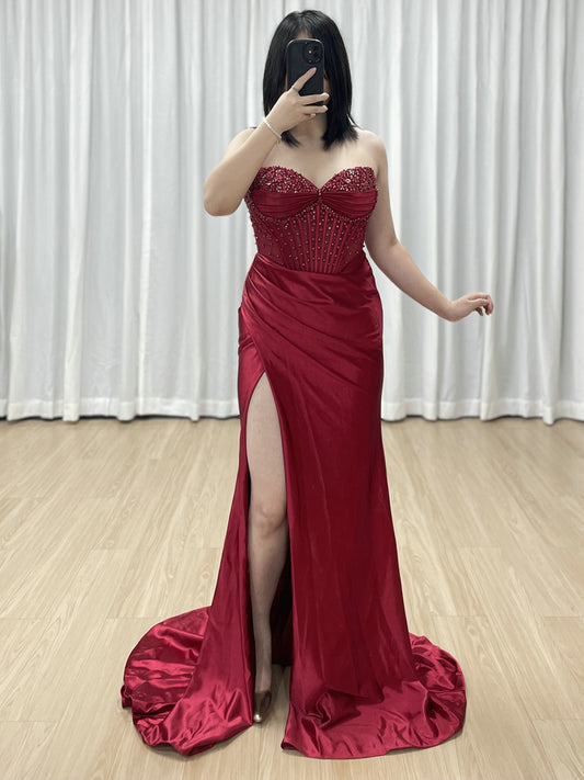Wine Satin Prom Dress Sweetheart Beaded Corset High Slit Gown MB40449