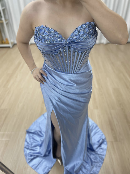 Wine Satin Prom Dress Sweetheart Beaded Corset High Slit Gown MB40449