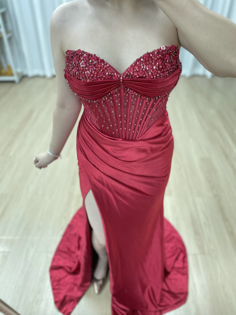 Wine Satin Prom Dress Sweetheart Beaded Corset High Slit Gown MB40449