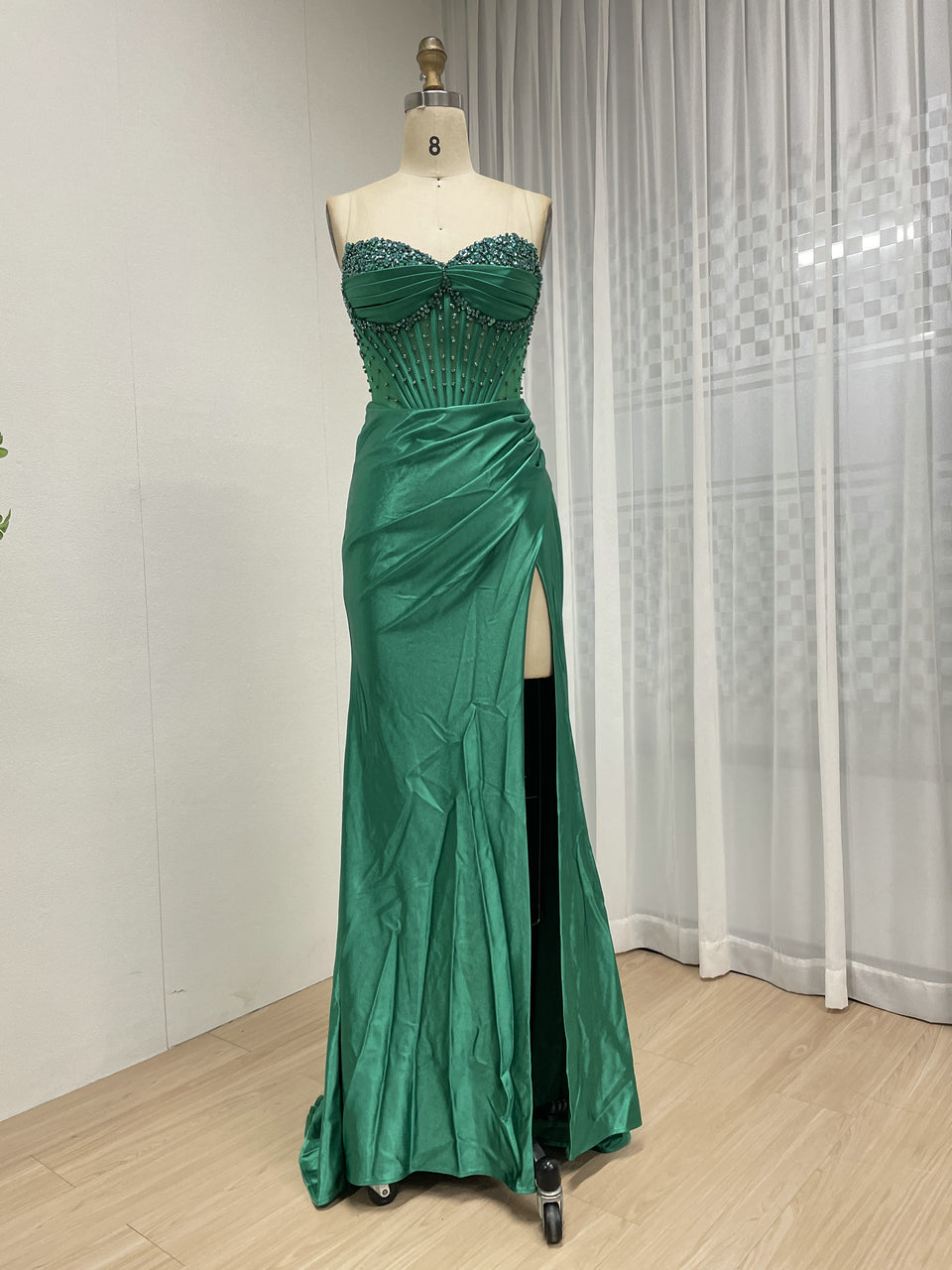 Wine Satin Prom Dress Sweetheart Beaded Corset High Slit Gown MB40449