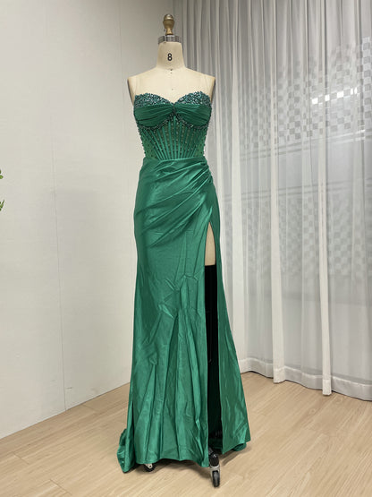 Wine Satin Prom Dress Sweetheart Beaded Corset High Slit Gown MB40449